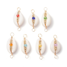 7Pcs 7 Colors Natural Cowrie Shell & Faceted Glass & Brass Bead Connetctor Charms, with Copper Double Loops, Real 18K Gold Plated