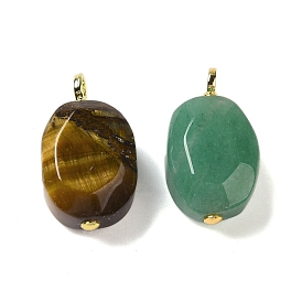 Natural Gemstone Pendants, Faceted Oval Charms with Rack Plating Brass Loops, Real 18K Gold Plated, Long-Lasting Plated