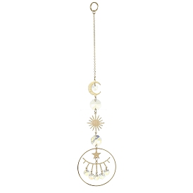 Glass Octagon Pendant Decorations, Hanging Suncatchers, with Brass Moon & Sun & Star Link, for Home Decorations
