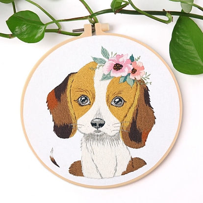 DIY Puppy Dog Embroidery Kit for Beginners, Included Plastic Embroidery Hoop, Needle, Threads, Cotton Fabric, Dalmatian/Pug/Bulldog Pattern