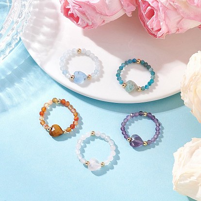 5 шт. кольца из натуральных драгоценных камней, сердце, с латунными круглыми распорными бусинами