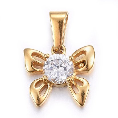 304 Stainless Steel Charms, with Cubic Zirconia, Bowknot, Clear