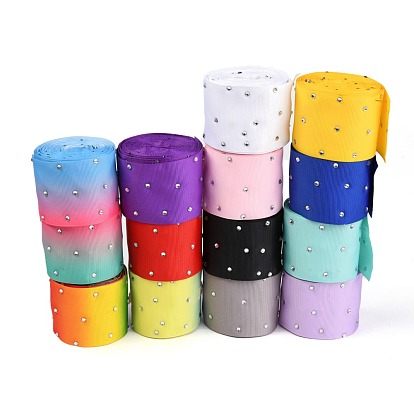Polyester Grosgrain Ribbon, with Single Face Crystal Rhinestone, for Crafts Gift Wrapping, Party Decoration