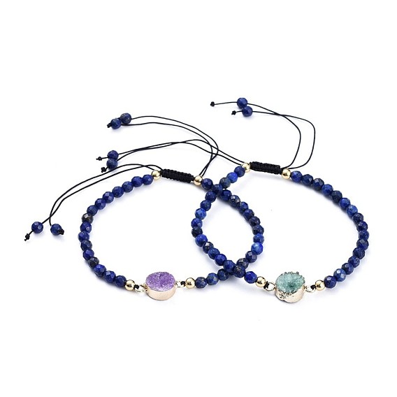 Verstellbare, facettierte natürliche Lapislazuli (gefärbte) geflochtene Perlenarmbänder, mit Nylonfaden, Naturgefärbter Druzy-Achat und Messing