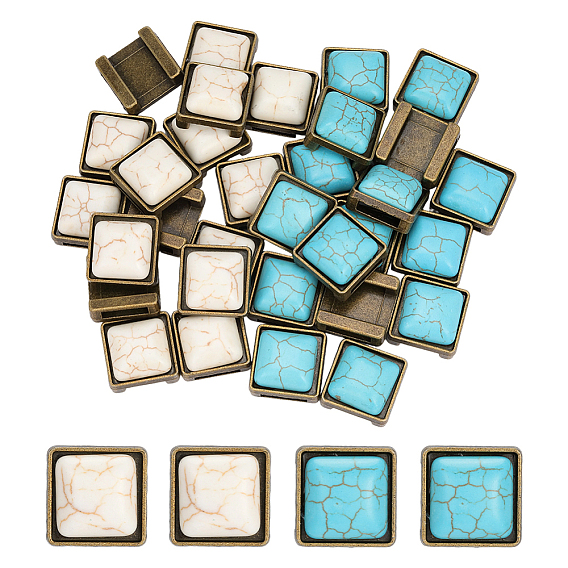 32Pcs 2 Colors Alloy & Synthetic Turquoise Buckles, Square, Antique Bronze