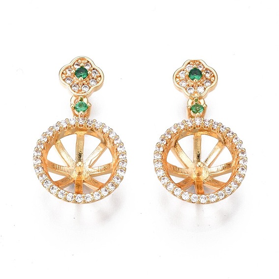 Brass Micro Pave Cubic Zirconia Peg Bails Pendants, for Half Drilled Beads, Nickel Free, Flower, Green