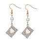 Alloy Crystal Rhinestone Rectangle with Heart Dangle Earrings, Imitated Pearl Acrylic Beaded Drop Earrings with Enamel