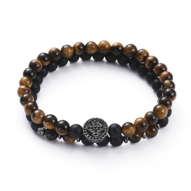 Stretch Bracelets, Stackable Bracelets, with Gemstone Beads, Brass Micro Pave Cubic Zirconia Links and Non-Magnetic Synthetic Hematite Beads, Flat Round with Cross