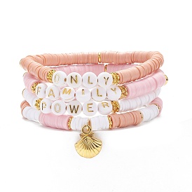 4Pcs 4 Style Handmade Polymer Clay Heishi Surfer Stretch Bracelets Set with Alloy Shell Charm, Word Only Family Power Preppy Bracelet Women