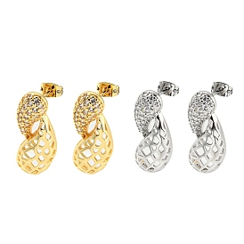 Hollow Teardrop Brass Micro Pave Clear Cubic Zirconia Dangle Stud Earrings, Long-Lasting Plated, Cadmium Free & Lead Free