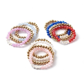 Round Imitation Gemstone & Plating Beads Stretch Bracelet Sets,  Word Love Acrylic & CCB Plastic Beads Bracelets for Valentine's Day