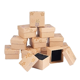 Kraft Jewelry Boxes, for Ring, Square, Flower Pattern