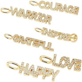Brass Micro Pave Clear Cubic Zirconia Pendants, with Word
