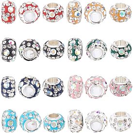 Nbeads 80Pcs 8 Colors Handmade Polymer Clay Rhinestone European Beads, Large Hole Beads, with Brass Silver Color Core, Rondelle