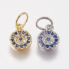 Brass Micro Pave Cubic Zirconia Charms, Flat Round, Blue