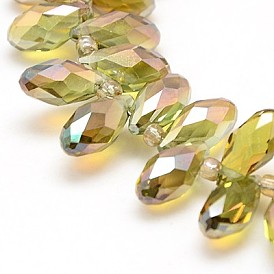 Electroplate Glass Beads Strands, Top Drilled Beads, Half Plated, Faceted, Teardrop, 12x6x6mm, Hole: 1mm