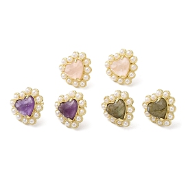 Natural Mixed Gemstone Heart Stud Earrings with Plastic Pearl Beaded, Real 14K Gold Plated Brass Jewelry