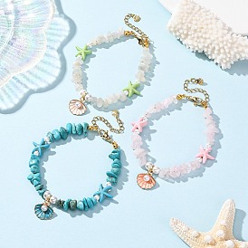 Браслеты из бусин из натуральных драгоценных камней и морских звезд, синтетической бирюзы и ракушечного жемчуга, браслеты с подвесками из цинкового сплава и эмалированными ракушками