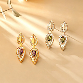 Brass Micro Pave Cubic Zirconia Stud Earrings, Teardrop, Platinum/Golden