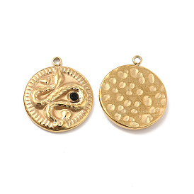 Vacuum Plating 201 Stainless Steel with Rhinestone Pendants, Flat Round with Snake Pattern Charms