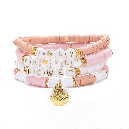 4Pcs 4 Style Handmade Polymer Clay Heishi Surfer Stretch Bracelets Set with Alloy Shell Charm, Word Only Family Power Preppy Bracelet Women