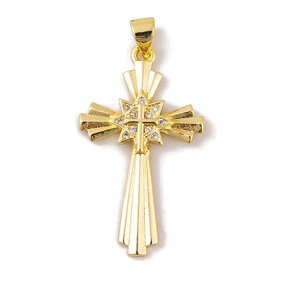 Rack Plating Brass Micro Pave Clear Cubic Zirconia Pendants,  Long-Lasting Plated, Lead Free & Cadmium Free, Cross