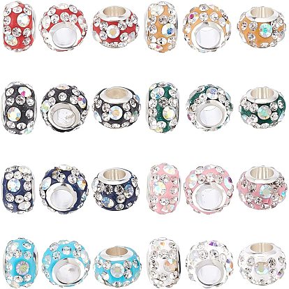 Nbeads 80Pcs 8 Colors Handmade Polymer Clay Rhinestone European Beads, Large Hole Beads, with Brass Silver Color Core, Rondelle