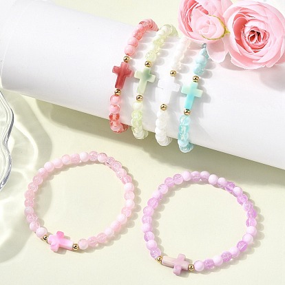 6шт. 6 цвета треснувший стеклянный круглый бисер тянущиеся браслеты, крест акриловые украшения для мужчин и женщин