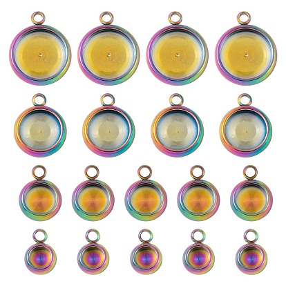 40 pcs 4 estilo revestimiento iónico (ip) 304 configuración de cabujón colgante de acero inoxidable, copas de bisel con borde de encaje, color del arco iris, plano y redondo
