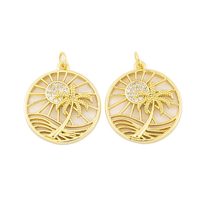 Стойка металлическая латунная микропрофилированная кубическая циркония подвески, без кадмия и без свинца, долговечный, плоский круглый с солнцем и кокосовой пальмой, с целью перехода в кольце