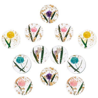 12Pcs 6 Colors Transparent Clear and Epoxy Resin Flat Back Cabochons, with Dried Flowers and Gold Foil, Flat Round