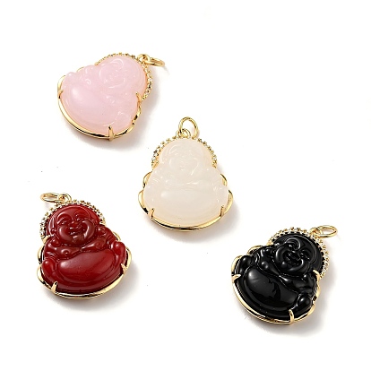 Pendentifs en jade teintes naturelles, avec placage sur support, placage longue durée, apprêts et anneau de jonction en laiton doré, bouddha riant, sans cadmium et sans nickel et sans plomb