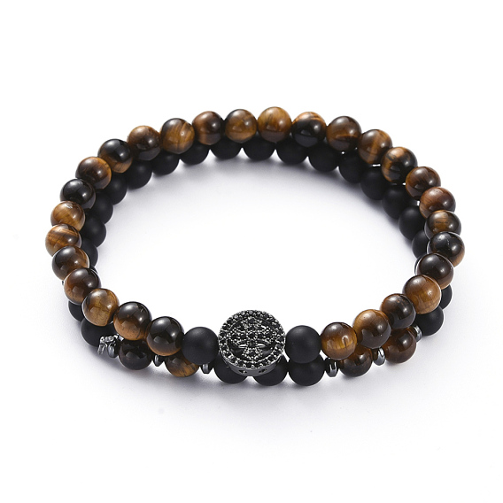 Stretch Bracelets, Stackable Bracelets, with Gemstone Beads, Brass Micro Pave Cubic Zirconia Links and Non-Magnetic Synthetic Hematite Beads, Flat Round with Cross
