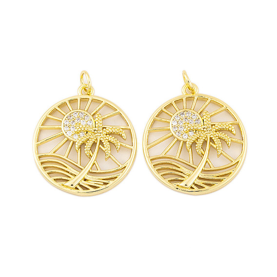 Стойка металлическая латунная микропрофилированная кубическая циркония подвески, без кадмия и без свинца, долговечный, плоский круглый с солнцем и кокосовой пальмой, с целью перехода в кольце