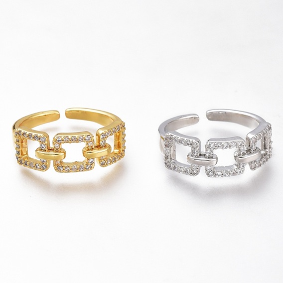 Adjustable Brass Micro Pave Clear Cubic Zirconia Cuff Rings, Open Rings, Long-Lasting Plated, Cable Chain Shape