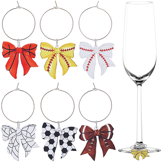 6 шт. 6 стили спортивные подвески-бантики для бокалов из акрила, с латунными кольцами-подвесками для бокалов вина, платина