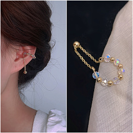Elegant Crystal Bead Clip-on Earrings - French Style, Delicate, Chain Pendant Ear Cuff.