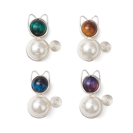 4 шт. 4 цвета, перламутровые ракушки и натуральный тигровый глаз (смешанные окрашенные и неокрашенные), подвески в форме кошки из медной проволоки, прелести котенка, серебряный цвет гальваническим