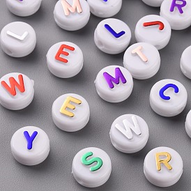 Opaque White Acrylic Beads, with Glitter Powder, Horizontal Hole, Flat Round with Random Letters