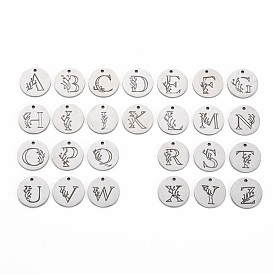 304 Stainless Steel Charms, Laser Cut, Designed Flower & Letter Engraved, Flat Round with Alphabet, Stainless Steel Color