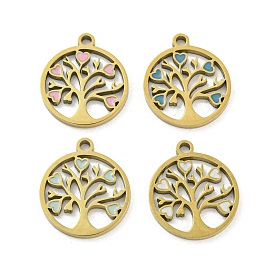 Ion Plating(IP) 316L Surgical Stainless Steel Pendants, with Enamel, Real 18K Gold Plated, Tree of Life Charm