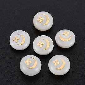 Natural Freshwater Shell Beads, with Golden Plated Brass Metal Embellishments, Flat Round with Moon & Flower