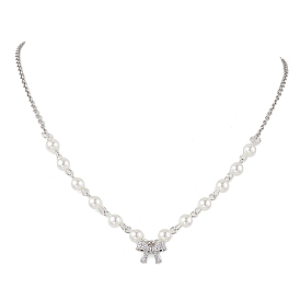 Bowknot Brass Micro Pave Cubic Zirconia Pendant Necklaces, 304 Stainless Steel Cable Chains Necklaces, with ABS Plastic Pearl Beads