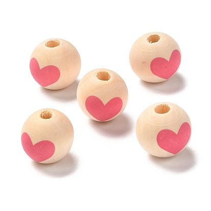 Printed Wood European Beads, Large Hole Beads, Round with Heart Pattern