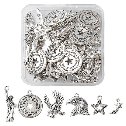 48Pcs 6 Styles Tibetan Style Alloy Pendants, Star & Eagle/Hawk & Statue of Liberty: