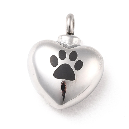 304 pendentifs d'urne en acier inoxydable, coeur avec motif empreinte de patte