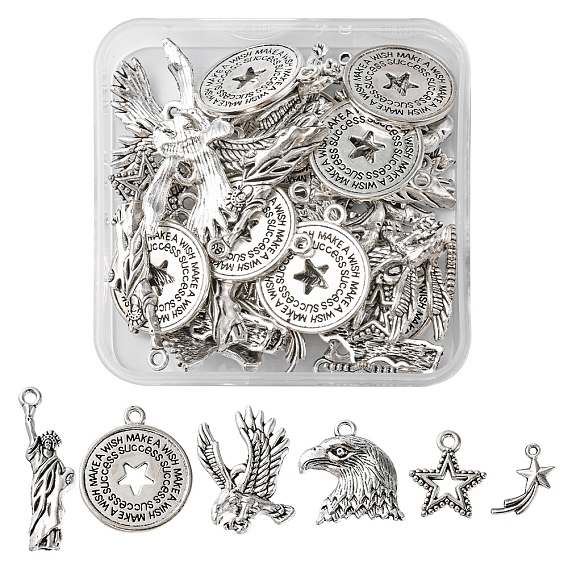 48Pcs 6 Styles Tibetan Style Alloy Pendants, Star & Eagle/Hawk & Statue of Liberty:
