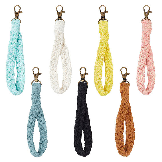 7Pcs 7 Colors Cotton Braided Wristlet Straps, Short Purse Straps, Clutch Bag Wrist Strap, Keychain Lanyard, Hand Strap Replacement, with Iron Swivel Clasp
