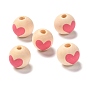 Printed Wood European Beads, Large Hole Beads, Round with Heart Pattern