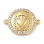 Rack Plating Brass Micro Pave Clear Cubic Zirconia Sacred Heart of Jesus Connector Charms, Flat Round Links, Long-Lasting Plated, Cadmium Free & Lead Free